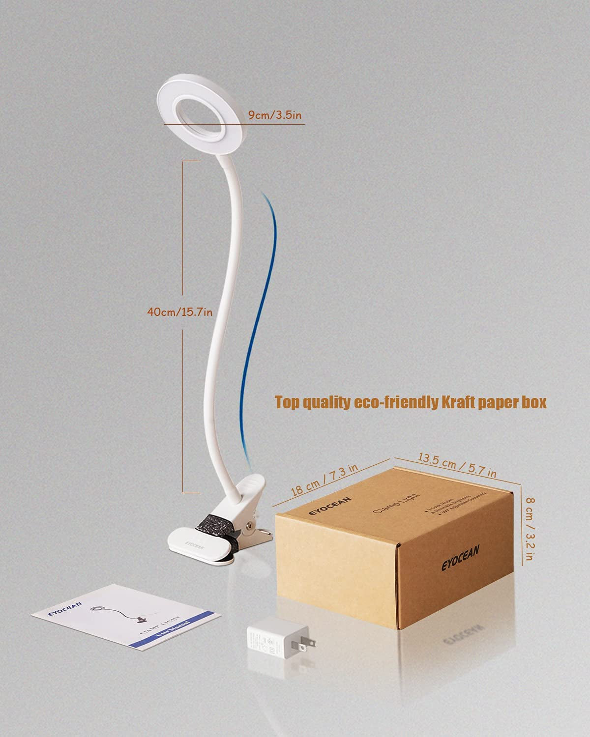 LED Reading Light, Dimmable Clamp Light for Bed Headboard, Bedroom, Office, 3 Modes & 9 Dimming Levels, Flexible Clip Desk Lamp, Adapter Included (Mattewhite)