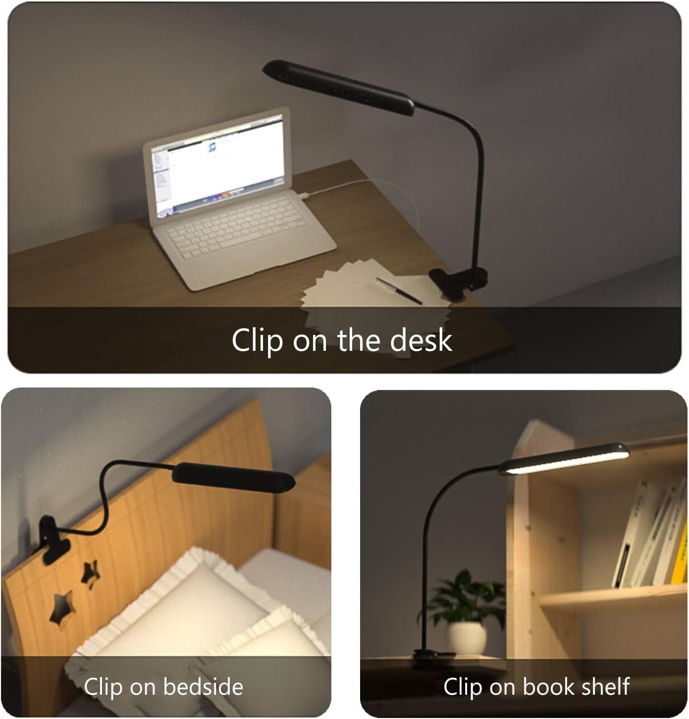 USB Powered Clip on Light, 40 LED Desk Light, Reading Lamp with 3 Colors 4 Brightness for Bedsides Headboard Table, Flexible Gooseneck, Bright 8W, Black