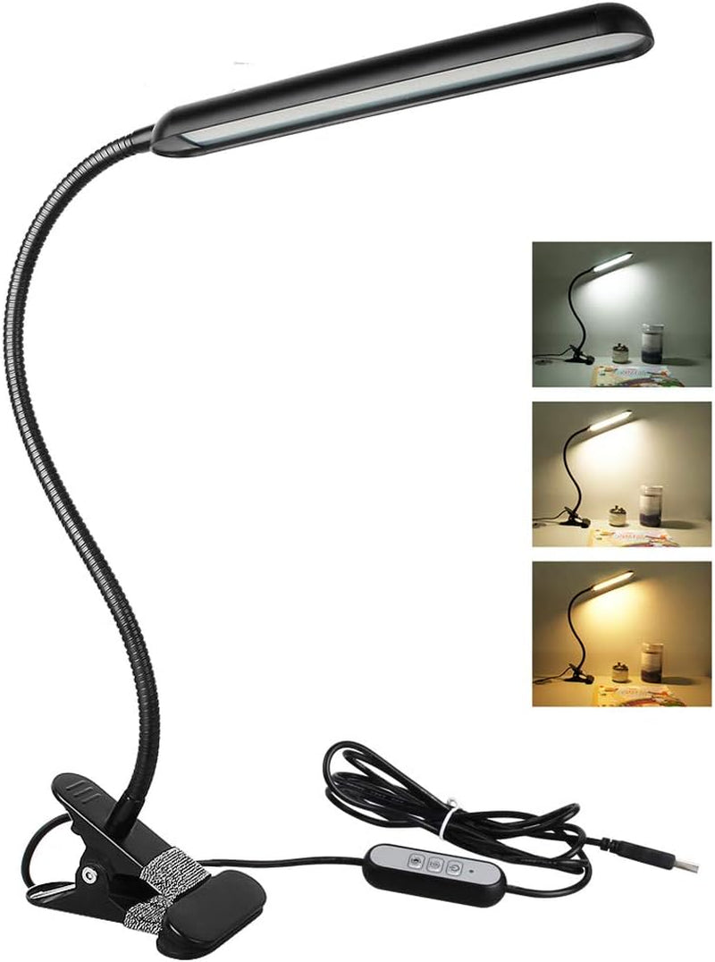 USB Powered Clip on Light, 40 LED Desk Light, Reading Lamp with 3 Colors 4 Brightness for Bedsides Headboard Table, Flexible Gooseneck, Bright 8W, Black