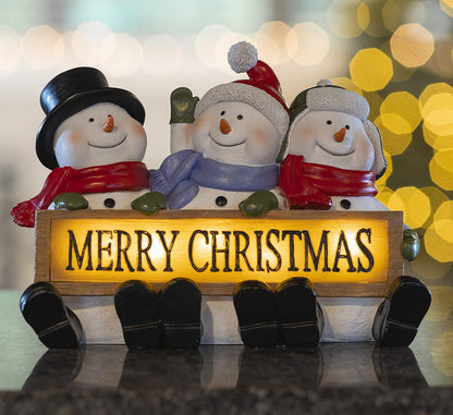 Glowing Merry Christmas Sign Trio LED Snowman Decor Christmas Figurines Resin Lighted Snowman Decorations Holiday Light up Snowman Indoor Festive Fiber Optic Decorations