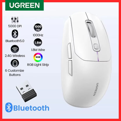 Gaming Mouse 5000DPI Wireless Mouse Bluetooth 5.0 2.4G Wired Rechargeable Gamer Mice 6 Buttons for Macbook Tablet Laptops